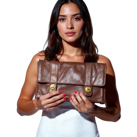 Lhia Vintage Brown Leather Clutch – Women's Fold-Over Evening Bag with Gold Turn - Picture 1 of 7